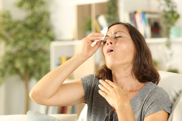 Adult Woman Sweating Suffering Heat Stroke Sitting Coach Home — Stock Photo, Image