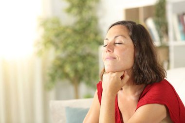 Tatmin olmuş orta yaşlı bir kadın evdeki oturma odasındaki koltukta rahatlıyor.