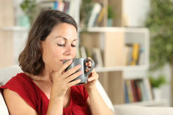 Satisfied Adult Woman Drinking Coffee Cup Sitting Sofa Living Room — Stock Photo, Image