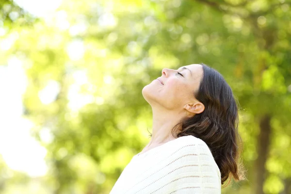 Frau Mittleren Alters Atmet Einem Sonnigen Tag Frische Luft Wald — Stockfoto