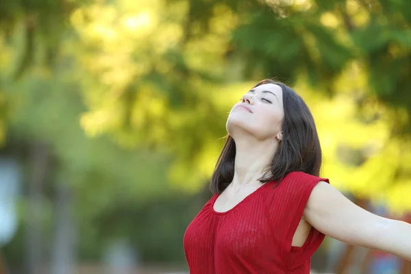 Kırmızılı Rahat Bir Kadın Parkta Dikilirken Derin Bir Nefes Alıyor — Stok fotoğraf