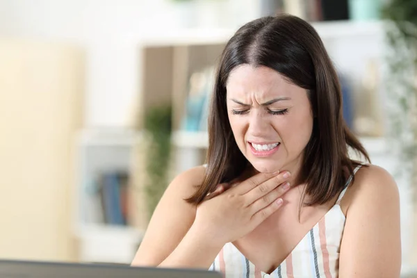 Stressed Woman Suffering Throat Ache Complaining Home — Stock Photo, Image