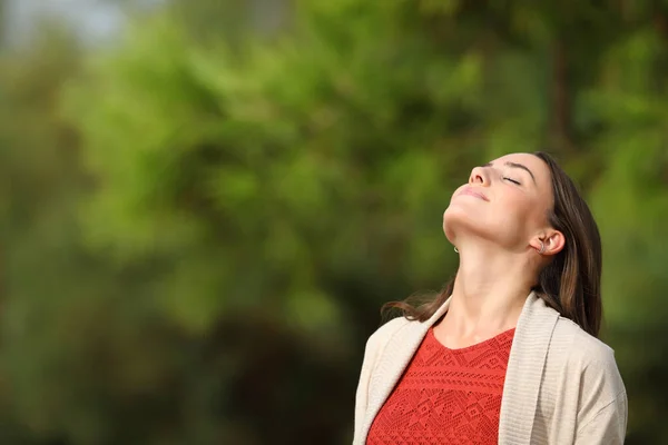 Mulher Relaxada Respirando Fresco Parque Dia Ensolarado Com Fundo Verde — Fotografia de Stock