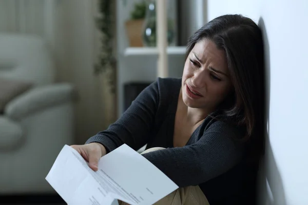 Sad Woman Complaining Reading Letter Sitting Floor Alone Home Night — Stock Photo, Image