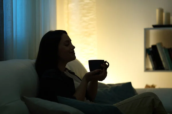 Profile Silhouette Woman Drinking Coffee Home Dark Night Sitting Couch — Stock Photo, Image