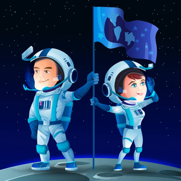 달에 있는 남자와 여자 우주 비행사들 이 깃발을 들고. 우주 비행사귀여운 만화 주인공들. 달의 표면 과 공간 — 스톡 벡터