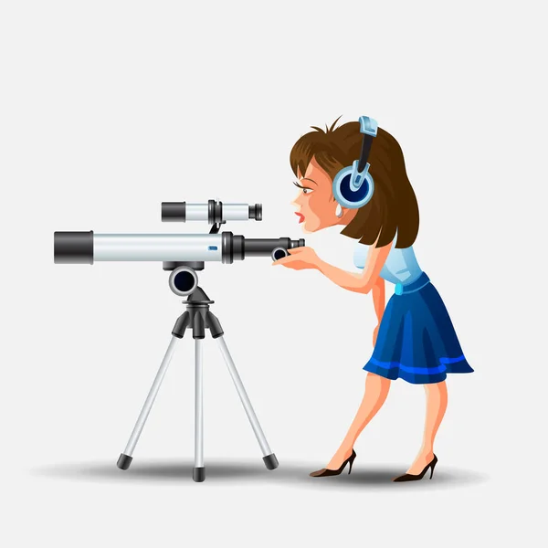 Linda niña en los auriculares mirando en la ilustración del vector del telescopio. Niño femenino colorido mirando a través de catalejo aislado sobre fondo blanco. Niño disfrutando del entretenimiento en el planetario — Vector de stock