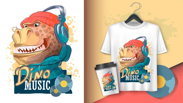 Dinosaurus rapper met koptelefoon en een hoed. Tyrannosaurus, typografie slogan. Affiche en merchandising. Kan worden gebruikt voor print design wenskaart gebruikt voor print design, banner, poster, flyer template — Stockvector