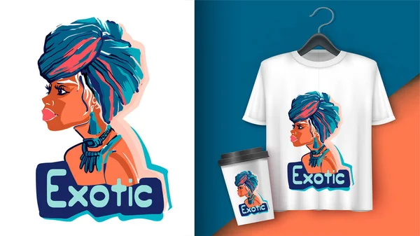 Ilustrace africké dívky v krásných šátcích a náušnicích. Exotický ručně kreslený text. Plakát a merchandising. Slouží pro tisk designu, pohlednice, banner, plakát, leták šablony — Stockový vektor