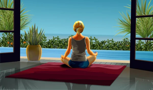 Incroyable fille blonde réaliste dans le lotus de yoga pratique la méditation sur la belle scène intérieure. Pratique du yoga sur la mer. Illustration vectorielle. Jeune femme heureuse méditant — Image vectorielle