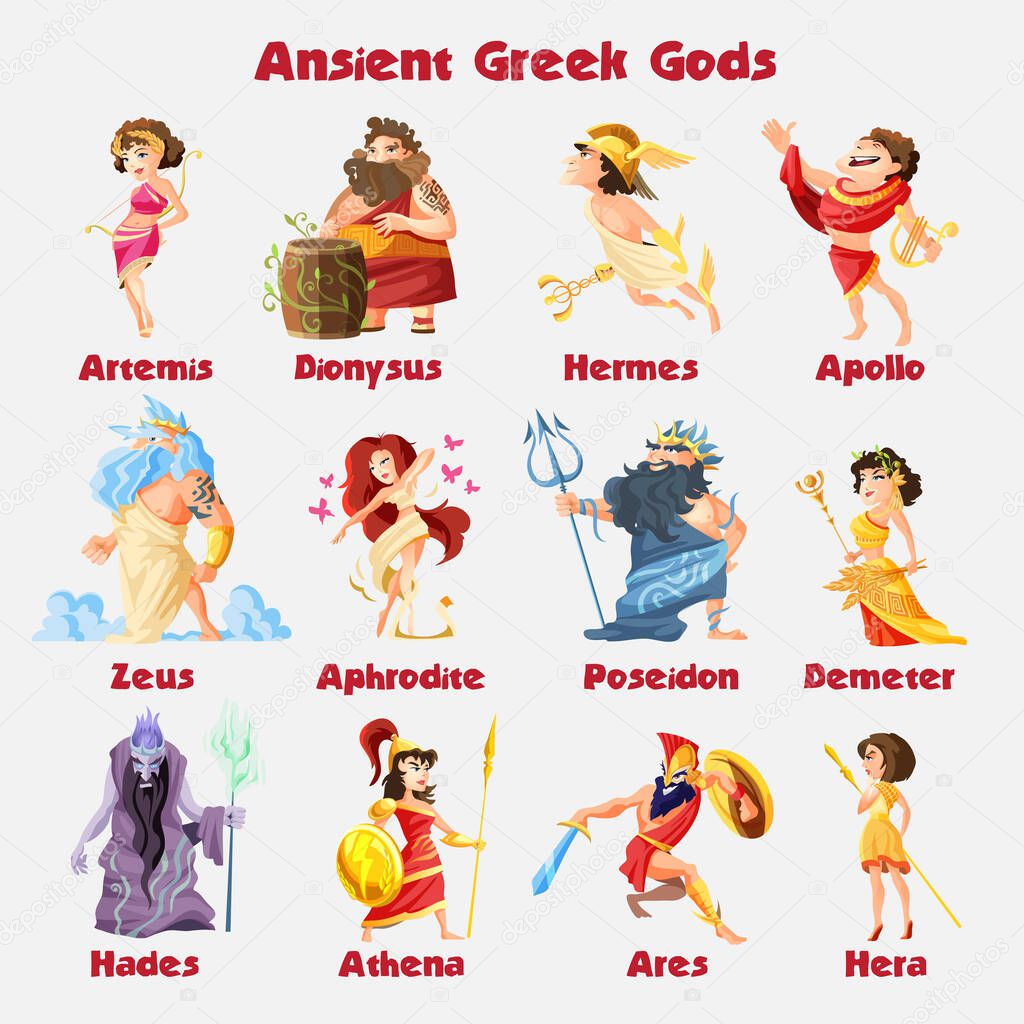 Ancient greek gods cartoon figures sets with dionysus zeus poseidon aphrodite apollo athena vector illustration.