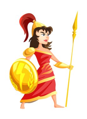 Eski mitolojiden Athena Yunan tanrıçası. Zırhlı mızraklı kadın karakter. Çok güçlü bir kadın. Çizgi film tarzında izole vektör illüstrasyonu