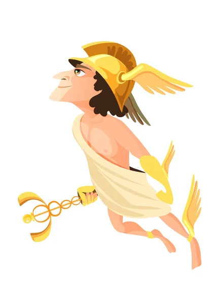Hermes o Mercurio - divinità del commercio, del commercio e dei mercanti del pantheon greco e romano, messaggero degli dei olimpici. Maschio personaggio mitico con il casco alato. Illustrazione del vettore del fumetto piatto — Vettoriale Stock