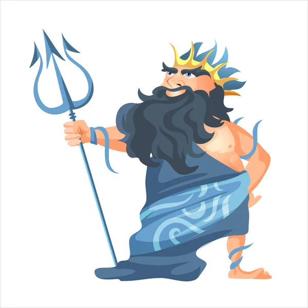 Ancient Greek god of sea and waters Poseidon, vector man in crown with gold trident religion and myth. Greece traditions and rituals isolated male character theology and legend Neptune ocean king — Stock Vector