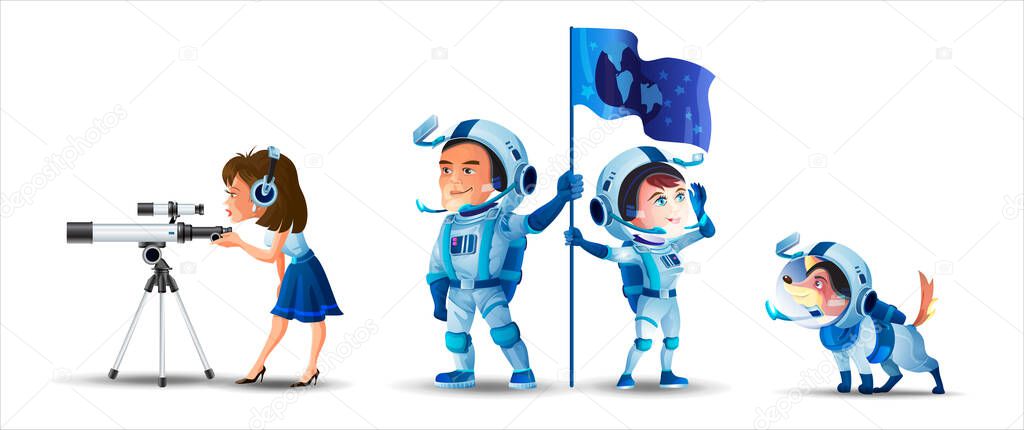 Space-themed horizontal set. Man and woman astronauts with a flag. Cosmonaut dog. Little girl in headphones looking into telescope. Cosmonaut cute cartoon characters on white background. Isolated