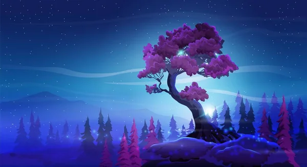 Yıldızlı arka planda güzel kıvrımlı bir ağacı, dağları ve ağacı olan vektör gece manzarası. Burgonya yeşilliği ve muhteşem gece renkleri.