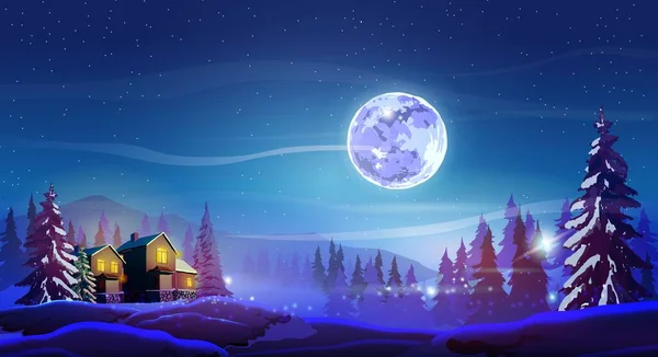 ภูมิทัศน์ยามค่ําคืนที่สวยงามพร้อมบ้านฤดูหนาวต้นไม้ภูเขาและดวงจันทร์ ส่องแสงด้วยดวงจันทร์สีม่วงหิมะและท้องฟ้าสีฟ้าลึก พื้นหลังภูมิทัศน์สําหรับศิลปะของคุณ — ภาพเวกเตอร์สต็อก