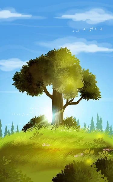 Fondo de ilustración vectorial del paisaje veraniego realista. Paisaje de la colina con un hermoso árbol en la colina, hierba y pequeñas harinas. Paisaje de verano con hierba verde y cielo azul — Vector de stock