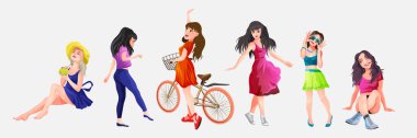 Vector People Set with Beautiful Girls and Women. Ofis kızı ve ev hanımı. Dansçı kız, kız oturuyor, dinleniyor, yürüyor, düşünüyor, gülümsüyor. Çizgi film tarzında izole vektör illüstrasyonu.
