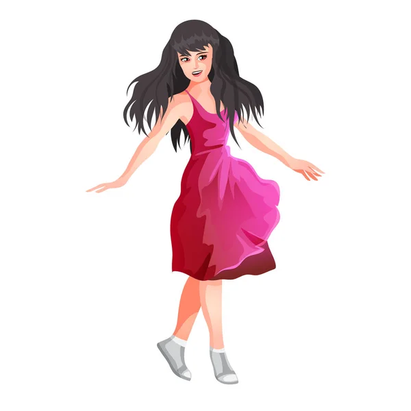 ブルネットの女の子がバードレスで踊っている 髪の長いブレット 漫画風の孤立ベクトルイラスト — ストックベクタ