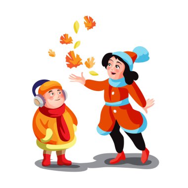 Sonbahar elbiseli kız ve erkek sokak vektörü çizgi filminde yapraklarla oynuyorlar. Erkek ve kız kardeş, çocuklar dışarıda yalnız zaman geçiriyorlar.