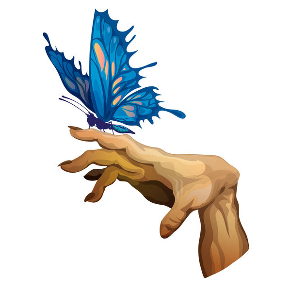 Напряженная изогнутая рука с большой синей бабочкой, сидящей на пальце. Иллюстрация вектора карикатуры изолирована. Стикер, символ, значок для вашего дизайна. Белый фон