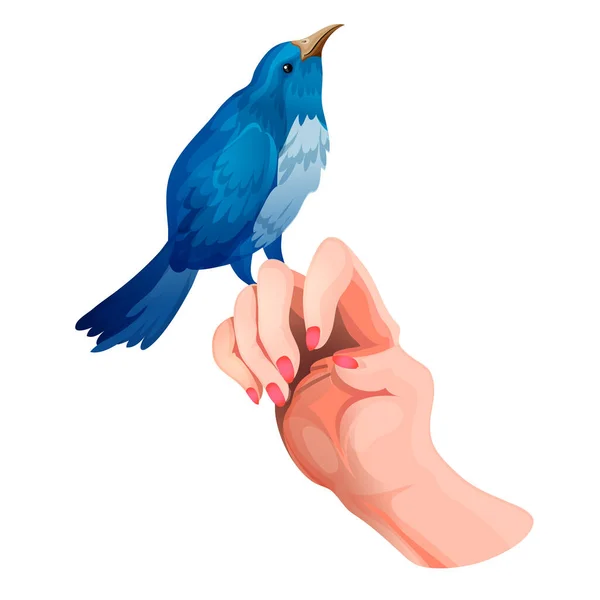 Anmutige Frauenhand mit einem kleinen blauen Vogel auf dem Finger. Ein niedlicher Vogel singt mit erhobenem Kopf. Zeichentrickvektorillustration isoliert. Aufkleber, Symbol, Symbol für Ihr Design. Weißer Hintergrund — Stockvektor