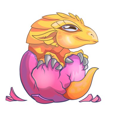 Yumurtadan çıkan sevimli dinozor. Velociraptor. Çizgi film karakteri çizimi. Yazdırma tasarımı tebrik kartı olarak kullanılabilir Yazdırma tasarımı, afiş, poster, broşür.