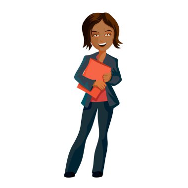 Elinde evraklar için bir klasörü olan oldukça esmer bir iş kadını. Çizgi film karakter vektör çizimi, beyaz arkaplanda izole.