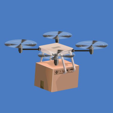 Kutulu drone teslimatı. Drone vektör illüstrasyon grafik tasarımı. Modern robotların dağıtım yöntemleri. İzole edilmiş.
