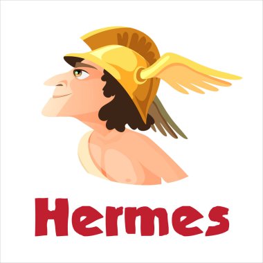 Hermes veya Merkür - Yunan ve Roma panteonlarının ticaret, ticaret ve tüccarlarının tanrısı, Olympian tanrılarının habercisi. Kanatlı kask takan efsanevi erkek karakter. Düz çizgi film vektör çizimi