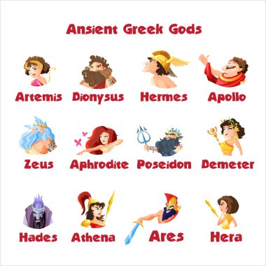 Antik Yunan tanrılarının karikatür figürleri dionysos zeus poseidon afrodit apollo athena vektör illüstrasyonuyla dizilmiştir.