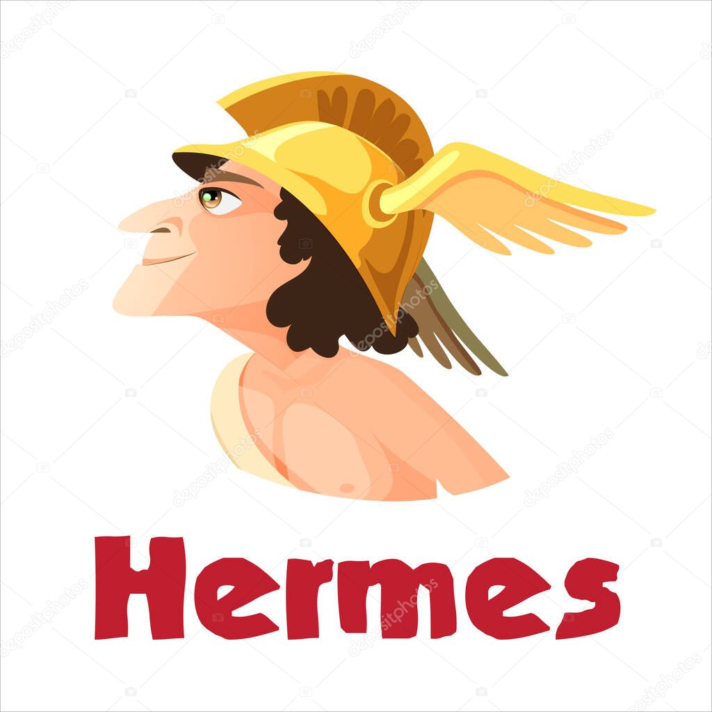 Hermes or Mercury - deity of trade, commerce and merchants of Greek and Roman pantheon, messenger of Olympian gods. Male mythical character wearing winged helmet. Flat cartoon vector illustration