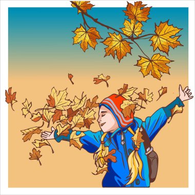 Sonbahar elbiseli bir kız kuru yapraklarla oynar. Sokakta yürürken oluşan mutluluk hissi. Renkli sonbahar elementleriyle pankart. Vektör çizimi. Sonbahar afişi arkaplanı.