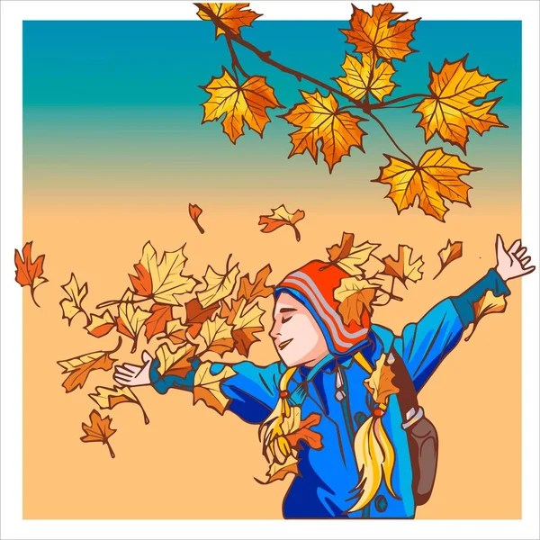 Sonbahar elbiseli bir kız kuru yapraklarla oynar. Sokakta yürürken oluşan mutluluk hissi. Renkli sonbahar elementleriyle pankart. Vektör çizimi. Sonbahar afişi arkaplanı.