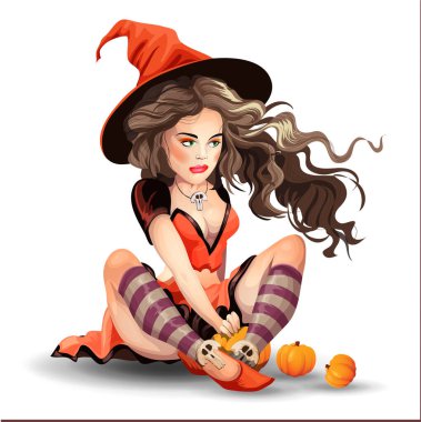 Kırmızı elbiseli, şapkalı ve çizgili çoraplı çok güzel bir cadı bacak bacak üstüne atmış şekilde yerde oturuyor. Beyaz arka planda güzel bir kızın şirin ve güzel portresi. İzole vektör illüstrasyonu.