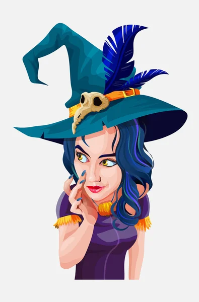 Hermosa Bruja Pelo Azul Con Sombrero Verde Con Plumas Expresión — Vector de stock