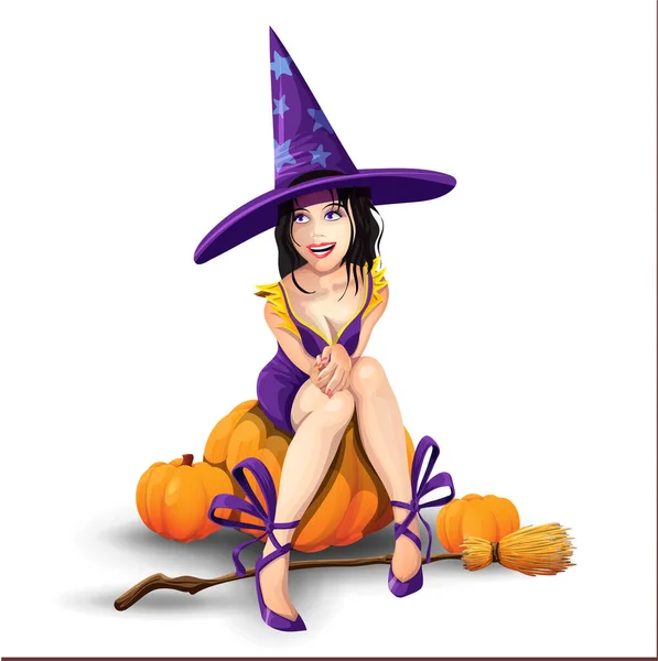 Una Hermosa Bruja Riendo Sienta Una Calabaza Bruja Vestido Morado — Vector de stock