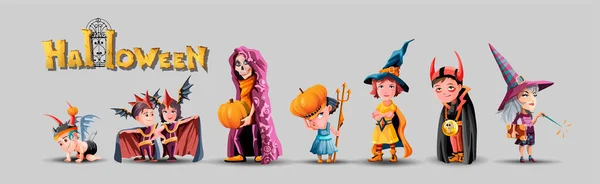 Colección Con Personajes Infantiles Para Halloween Set Disfraces Halloween Niño — Vector de stock