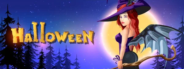 ハロウィンの夜 輝く月 夜の星と風と美しい赤毛の魔女とハロウィン水平グリーティングブルーのポストカード ハロウィーンの要素を持つハロウィンバナー 漫画のキャラクター — ストックベクタ