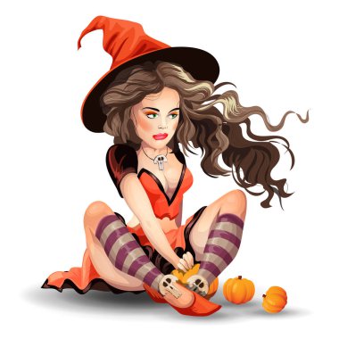 Cadılar Bayramı 'nda kırmızı elbiseli ve şapkası yere yapışan güzel bir cadı. Cadılar Bayramı arkaplan koleksiyonu. Beyaz arkaplandaki çizgi film vektör karakteri. İzole edilmiş.