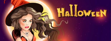 Cadılar Bayramı 'nda Cadılar Bayramı bayrağı, parlayan ay, gece yıldızları ve kırmızı şapkalı güzel cadı koleksiyonu. Cadılar Bayramı afişleri ve Cadılar Bayramı unsurları. Çizgi film karakterleri.