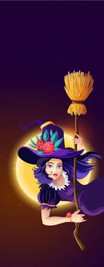 Vertical Halloween greeting postcard with Halloween night, shining moon, night stars and beautiful witch with broom. Halloween backgrounds collection. Halloween greeting card and poster, party sign. clipart