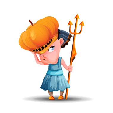 Elinde mızrak ve balkabağı şapkalı küçük bir kız. Cadılar Bayramı için giyinmiş tatlı bir kız. Beyaz arkaplandaki çizgi film vektör karakteri. İzole edilmiş.