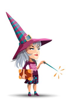 Uzun şapkalı, elinde bir kitap ve sihirli değnekle güzel bir cadı. Cadılar Bayramı için birlikte giyinmiş bir kız. Beyaz arkaplandaki çizgi film vektör karakteri. İzole edilmiş.