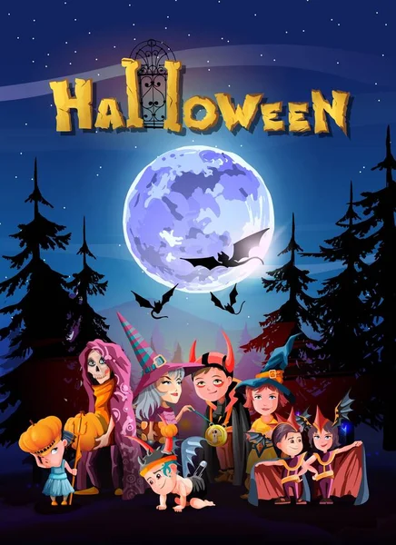 Banner Felicitación Halloween Con Noche Halloween Luna Brillante Estrellas Nocturnas — Vector de stock