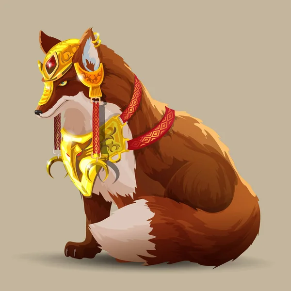 Beautiful Fighting Fox Sits Fox Beautiful Golden Armor Fantasy Animal — Stock Vector