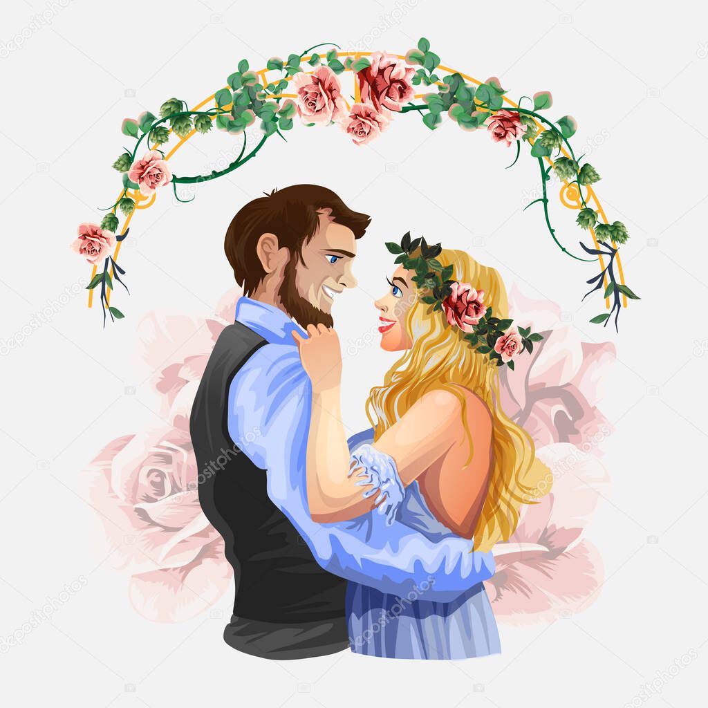 Vector cartoon illustration of Wedding. Bridal ceremony, handsome groom and pretty bride in modern style. Characters on isolated white background
