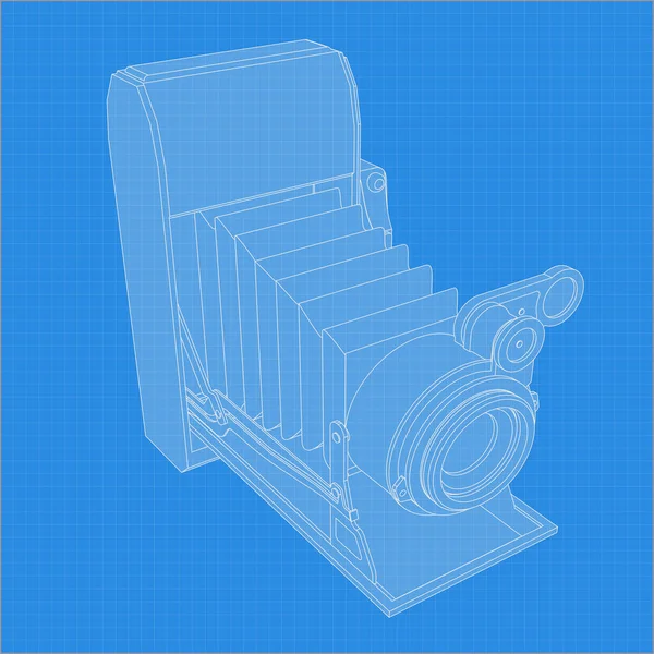 Desenho de câmera retro. Ângulo diferente e projeção 3D da câmera retro no plano. Desenho vetorial fotocâmera vintage — Vetor de Stock