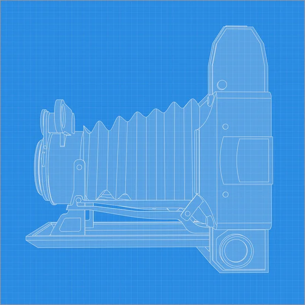 Dibujo de cámara retro. Diferente ángulo y proyección 3D de la cámara retro en el plano. Dibujo vectorial cámara fotográfica Vintage — Archivo Imágenes Vectoriales